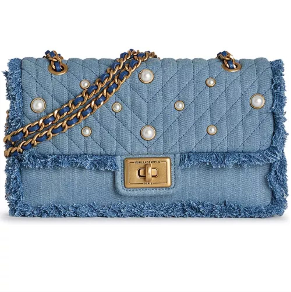 NWT Karl Lagerfeld Blue Quilted Denim Agyness Shoulder Bag With Pearl Accents